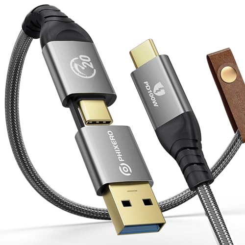 PHIXERO USB C auf USB C Kabel (100W/20Gbps/2M), 4K@60Hz Videoausgang USB C Kabel, USB 3.2 Gen2×2 Typ C Ladekabell, 2-in-1 USB-A/C auf USB-C Kabel für MacBook Pro/Air/iPad Pro USB-C Monitor von PHIXERO