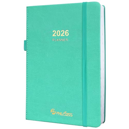 Tagesplaner 2026, eine Seite pro Tag, Tagesplaner, Monatsplaner mit Zeitschlitzen und monatlichen Registerkarten, Januar - Dez. 2026, 14,5 x 21 cm, Terminbuch, Stifthalter, Ledereinband (2026 Seegrün) von PHLIFOSS