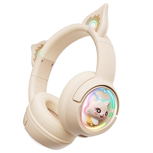 PHNIXGAM Bluetooth Katzenohr Kopfhörer, Over-Ear Headset Im Kabellosen Und Kabelgebundenen Modus Mit Mikrofon, RGB-Licht, Kompatibel mit Handys PC Tablet Spielkonsolen, Weiß von PHNIXGAM