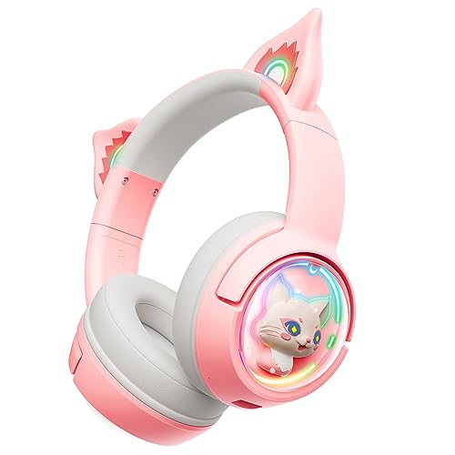 PHNIXGAM Bluetooth Katzenohr Kopfhörer, Over-Ear Headset Im Kabellosen Und Kabelgebundenen Modus Mit Mikrofon, RGB-Licht, Kompatibel mit Handys PC Tablet Spielkonsolen,Rosa von PHNIXGAM