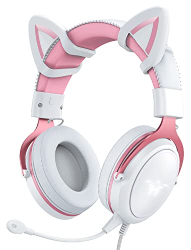 PHNIXGAM Gaming-Headset mit Mikrofon, Gaming Kopfhörer Katzenohren Rosa und Weiß mit Surround Sound, LED Hintergrundbeleuchtung für PS4, PS5, Xbox One (ohne Adapter), PC, Handy von PHNIXGAM