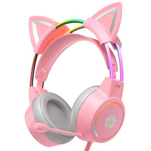 PHNIXGAM Katzenohren Gaming Headset mit Mikrofon, 3,5mm Leichte Kopfhörer mit RGB Aluminium Rahmen, Surround Sound, Kompatibel mit PS4 PS5 Xbox One (Adapter Nicht enthalten) PC Handy, Rosa von PHNIXGAM