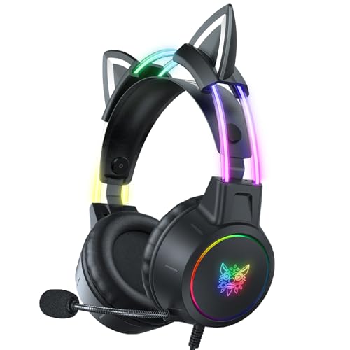 PHNIXGAM Katzenohren Gaming Headset mit Mikrofon, 3,5mm Leichte Kopfhörer mit RGB Aluminium Rahmen, Surround Sound, Kompatibel mit PS4 PS5 Xbox One (Adapter Nicht enthalten) PC Handy, Schwarz von PHNIXGAM