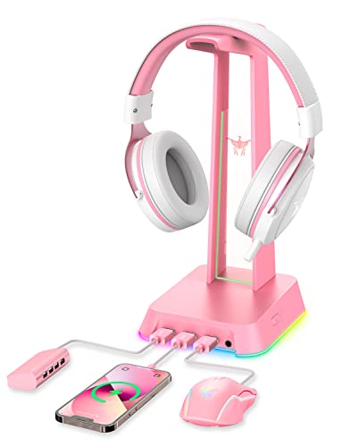 PHNIXGAM RGB-Kopfhörerständer mit 3,5-mm-AUX- und 3-Port-USB-2.0-Hub, universeller Gaming-Headset-Aufhängerhalter für Computer-Gaming-Gamer-Zubehör (Rosa) von PHNIXGAM