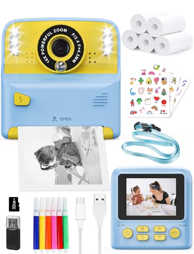 PHNIXGAM Sofortbildkamera Kinder, Digitalkamera kinderkamera fotoapparat 2.4in HD Kamera Geschenke für Jungen Mädchen, einschließlich 5 Rollen Druckpapier und 32GB Karte, Blau von PHNIXGAM