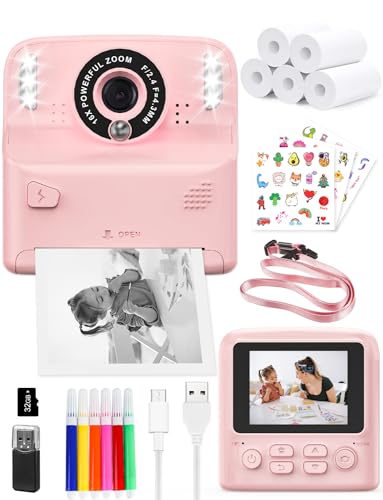 PHNIXGAM Sofortbildkamera Kinder mit 2-Blitzleuchten, Digitalkamera kinderkamera fotoapparat 2.4in HD Kamera Geschenke für Jungen Mädchen, einschließlich 5 Rollen Druckpapier und 32GB Karte, Rosa von PHNIXGAM