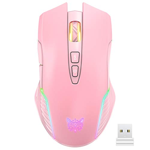 PHNIXGAM Wiederaufladbare Kabellose Gaming-Maus, Ergonomische RGB-Computermaus mit 2,4-G-Empfänger, Einstellbarer DPI bis zu 3600, 7 Tasten (Nicht programmierbar) für Windows Vista Linux, Rosa von PHNIXGAM