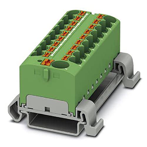 PHOENIX CONTACT PTFIX 10/18X4-NS35A GN Verteilerblock, 800 V, 32 A, Anzahl der Anschlüsse 19, Querschnitt 0,2 mm² - 6 mm², AWG 24 - 10, Breite 64,8 mm, Grün, 8 Stück von PHOENIX CONTACT