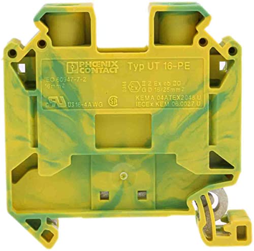 PHOENIX CONTACT UT 16-PE Modularer Erdungsklemmenblock mit Schraubanschluss, 2 Anzahl der Anschlüsse, AWG 16 - 4, 16mm² Nennquerschnitt, Grün/Gelb, 1 Stück von PHOENIX CONTACT