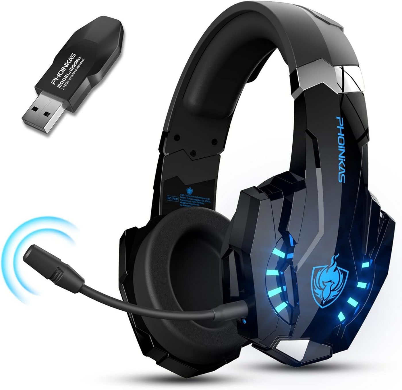 PHOINIKAS Gaming-Headset (7.1-Surround-Sound, Kabellos headset, Kabelloses Gaming-Headset für PS4/PS5/Switch/PC/Mobiltelefon/Laptop) von PHOINIKAS