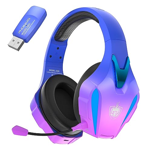 PHOINIKAS Gaming-Headset Wireless, Kabelloses Gaming-Kopfhörer, 2.4GHz-Dongle für PS4/PS5/PC, 7.1-Stereo, Abnehmbares Mikrofon mit Geräuschunterdrückung, LED-Leuchten von PHOINIKAS