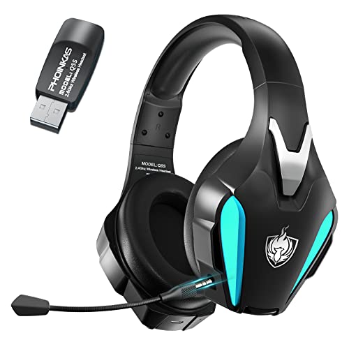 PHOINIKAS Gaming-Headset Wireless, Kabelloses Gaming-Kopfhörer, 2.4GHz-Dongle für PS4/PS5/PC, 7.1-Stereo, Abnehmbares Mikrofon mit Geräuschunterdrückung, LED-Leuchten von PHOINIKAS