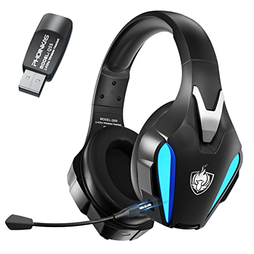 PHOINIKAS Gaming-Headset Wireless, Kabelloses Gaming-Kopfhörer, 2.4GHz-Dongle für PS4/PS5/PC, 7.1-Stereo, Abnehmbares Mikrofon mit Geräuschunterdrückung, LED-Leuchten von PHOINIKAS