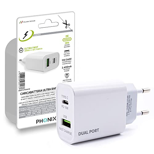 Ladegerät USB C Mehrfach-Wandladegerät für Apple Samsung Huawei Xiaomi | Italienische Garantie Netzteil für iPhone 12 11 Pro Max, Galaxy S21 S20 | Dual PD 18W USB-C und Quick Charge 3.0 USB-A von Phonix