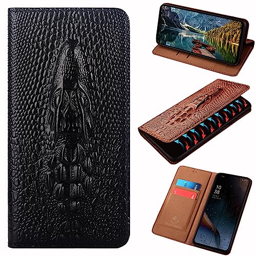 Für Samsung Galaxy S23 FE Lederhülle 6,4 Zoll, Krokodil-Stil Echtleder Flip Handyhülle mit [Kartenfächern] Schutz Cover für Samsung S23 FE (Schwarz) von PHOPEER