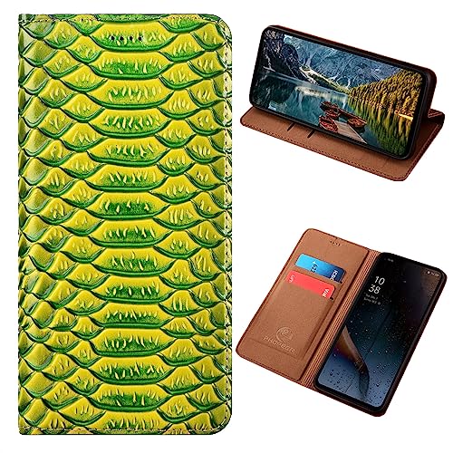 PHOPEER Für Samsung A14 4G/5G Leder Handyhülle, Luxus Drachenschuppe Stil Textur Echtleder Flip Handyhülle für Samsung Galaxy A14 5G (6,6 Zoll) Cover mit [Kartenfächern] (Grün) von PHOPEER