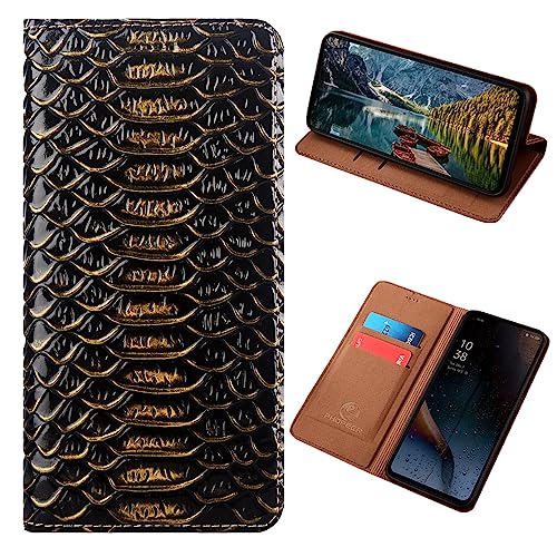 PHOPEER Für Samsung Galaxy A12 / A12 Nacho Lederhülle 6,5 Zoll, Drachenschuppe Stil Echtleder Flip Handyhülle mit [Kartenfächern] Handyhülle für Samsung A12 Nacho (Schwarz Gold) von PHOPEER