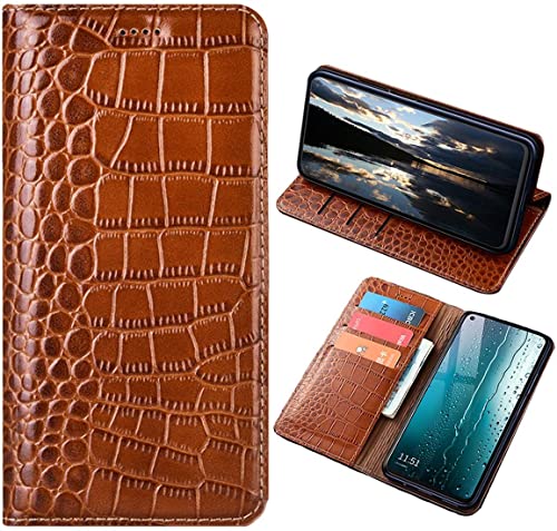 PHOPEER Schutzhülle für Samsung Galaxy A55 5G (6,6 Zoll), Krokodil-Stil, echtes Leder, magnetische Flip-Handyhülle, mit [Brieftasche] [Kartenfächern] Schutzhülle (Braun) von PHOPEER