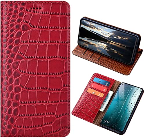 PHOPEER Schutzhülle für Samsung Galaxy A55 5G (6,6 Zoll), Krokodil-Stil, echtes Leder, magnetische Flip-Handyhülle, mit [Brieftasche] [Kartenfächern] Schutzhülle (rot) von PHOPEER