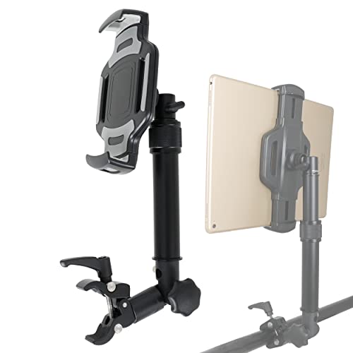 PHOTECS® Tablet-Halterung Pro V4-K2, höhenverstellbar mit Kniegelenk, für iPad Pro und andere Tablet-PC´s (von 6" bis 14 Zoll) an Rudergerät, Heimtrainer, Ergometer-Lenker, Kommissionierwagen etc. von PHOTECS