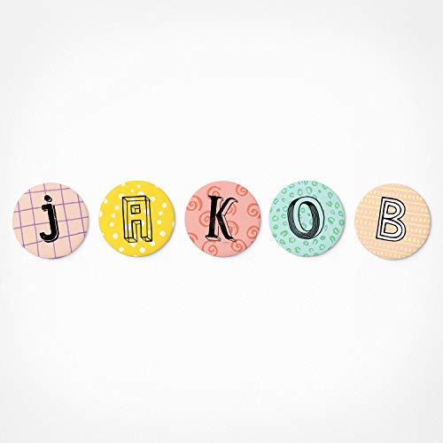 PICKMOTION Jakob | Magnetbuchstaben Set | 5 Magnete - Geschenke mit Namen, für Magnet-Tafel, Deko, als Kühlschrank-Magnete, Durchmesser 3,2 cm -für Kinder ab 3 Jahre, Buchstabenmagnete, BMS-0134 von PICKMOTION