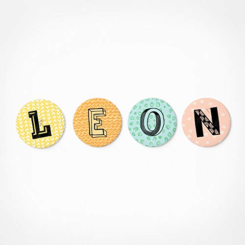 PICKMOTION Leon | Magnetbuchstaben Set | 4 Magnete - Geschenke mit Namen, für Magnet-Tafel, Kinder, als Kühlschrank-Magnete, Durchmesser 3,2 cm -für Kinder ab 3 Jahre, Buchstabenmagnete von PICKMOTION