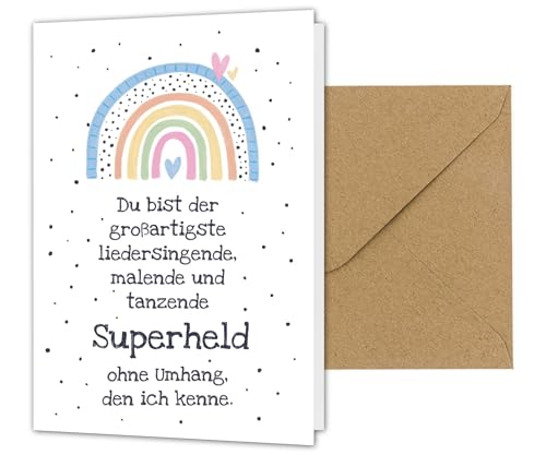 PICTALOO Dankeskarte Erzieherin, Abschiedskarte Kindergarten Kita mit Regenbogen, Abschluss Abschied Geschenk für Tagesmutter, süße Danke Karte mit Umschlag, Abschiedsgeschenk (Superheld) von PICTALOO