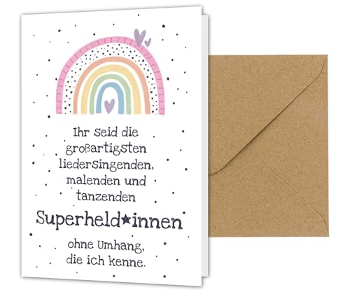 PICTALOO Dankeskarte Erzieherin, Abschiedskarte Kindergarten Kita mit Regenbogen, Abschluss Abschied Geschenk für Tagesmutter, süße Danke Karte mit Umschlag, Abschiedsgeschenk (Superheld*Innen) von PICTALOO