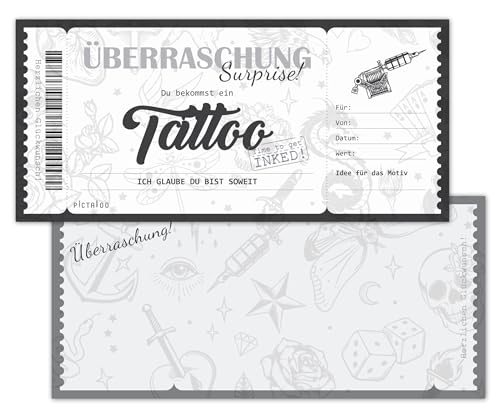 PICTALOO Gutschein Tattoo, Gutscheinkarte für eine Tätowierung, Geburtstag Geldgeschenk, Geschenkkarte Tattoo zum Ausfüllen mit Schwarz Weiß Tattoo-Motiven, Tattoogutschein (schwarzes Kuvert) von PICTALOO