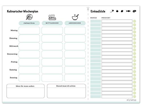 PICTALOO Kulinarischer Wochenplan, Menüplaner & Einkaufsliste in Din A4 mit 50 Blatt, der Essensplaner für die ganze Woche inkl. Platz für Ideen (blau) von PICTALOO