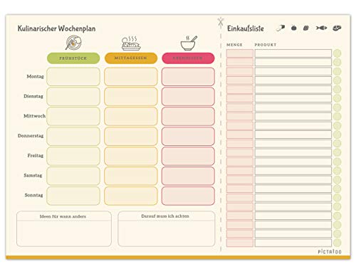 PICTALOO Kulinarischer Wochenplan, Menüplaner & Einkaufsliste in Din A4 mit 50 Blatt, der Essensplaner für die ganze Woche inkl. Platz für Ideen (retro magnetisch) von PICTALOO