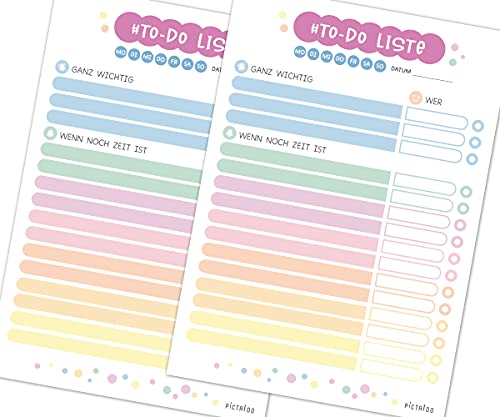 To Do Listen Block – Planer inkl. Priorisierung und Aufgabenverteilung, 50 Blatt A5 Tagesplaner oder Wochenplaner – bunter ToDo Notizblock für zuhause & Büro - Daily Planer zum Abhaken (Was+Wer 2x) von PICTALOO