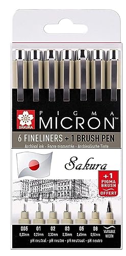 PIGMA MICRON Sakura ESPACEBEAUXARTS Manga-Set, Schwarz, 7 Stück, alle Federn, Set 005, 01, 02, 03, 05, 08, Bürste von PIGMA MICRON
