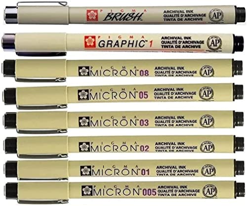 Pigma Micron 005,01,02,03,05,08,1mm Brush,Sakura Set 8 pcs von PIGMA MICRON