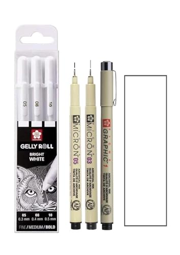 Sakura Gelly Roll Weiß, 3 Stifte Bright White + Sakura Pigma Micron Schwarz, 03,05,1 mm von PIGMA MICRON