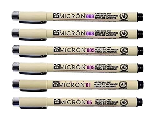 Sakura PIGMA MICRON Fineliner SET (6 Stifte, schwarz) 003.003,005.005,01.05. von PIGMA MICRON