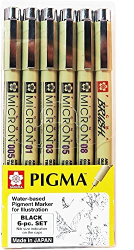 Sakura Pigma Micron Zeichenstift, Set, Archivierung Tintenpatronen schwarz Fineliner Artist Pen, sortiert Schreibfedern Fine Point (005, 01, 03, 05, 08, Pinselspitze) von PIGMA MICRON