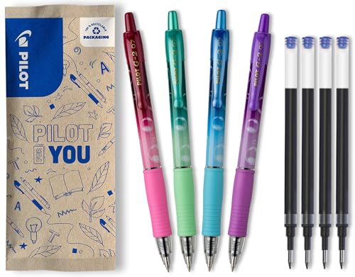 PILOT - 4er-Set G2 Bubble + 4 Nachfüllungen - Gelschreiber mit Druckmechanik - Schreibkomfort ausgezeichnet - Gehäuse in Violett, Grün, Türkis und Bordeaux - Blaue Tinte - Mittelstarke Spitze von PILOT