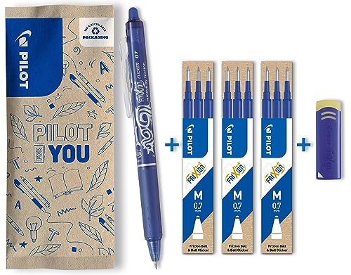 PILOT FriXion Clicker 0.7 – 1 Stift/9 Minen/1 Radierer – Farbe Blau – Radierbarer, nachfüllbarer Gel-Tintenroller mit Druckmechanik und thermosensitiver Tinte, mittlere Spitze von PILOT