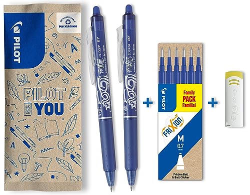PILOT FriXion Clicker 0.7 – 2 Stifte/6 Minen/1 Radierer – Farbe Blau – Radierbarer, nachfüllbarer Gel-Tintenroller mit Druckmechanik und thermosensitiver Tinte, mittlere Spitze von PILOT