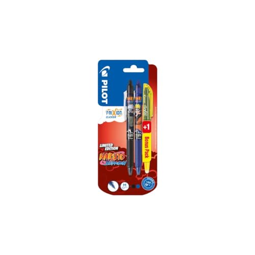PILOT FriXion Clicker 0.7 Naruto Shippuden Limited Edition – Radierbarer, nachfüllbarer Gel-Tintenroller mit thermosensitiver Tinte, 2 Stifte (Schwarz & Blau) + 1 FriXion Light (Gelb) von PILOT