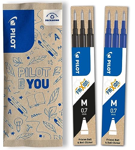 PILOT FriXion Ersatzminen 0.7 – 6 Stück – Farben Schwarz/Blau – FriXion Nachfüllminen mit radierbarer Tinte – Kompatibel mit FriXion Ball & FriXion Clicker – mittlere Stärke – Gel-Tintenrollermine von PILOT