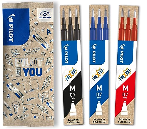 PILOT FriXion Ersatzminen 0.7 – 9 Stück, Farbe Schwarz/Blau/Rot – FriXion Nachfüllminen mit radierbarer Tinte – Kompatibel mit FriXion Ball & FriXion Clicker – mittlere Stärke – Gel-Tintenrollermine von PILOT