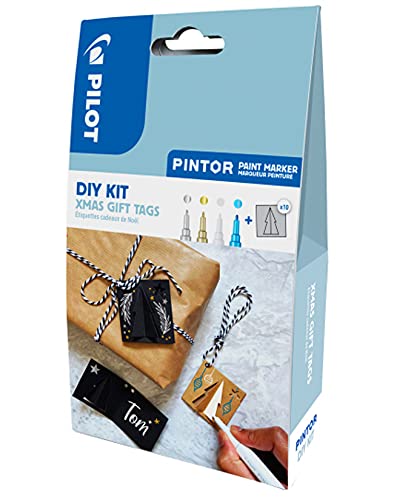 PILOT PINTOR DIY-Set Geschenkanhänger für Weihnachten – Bastel-Set mit 4x Kreativmarker und 10 individuell gestaltbaren Pappanhängern zum Falten, weihnachtliche Tannenbaum-Designs von PILOT