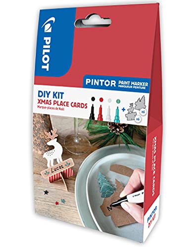 PILOT PINTOR DIY-Set Tischkarten für die Festtagstafel – Bastel-Set mit 4x Kreativmarker und 12 individuell gestaltbaren Platzkarten, weihnachtliche Rentier- & Tannenbaum-Designs von PILOT