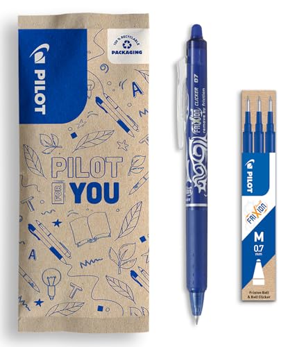 PILOT - FriXion Clicker 0.7 Set - 1 Radierbarer Tintenroller Stift mit Druckmechani + 1 Set mit 3 Minen - Nachfüllbarer Rollerball-Stift - Angenehme Schreibführung - Blau - Mittlere Spitze von PILOT