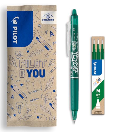 PILOT - FriXion Clicker 0.7 Set - 1 Radierbarer Tintenroller Stift mit Druckmechani + 1 Set mit 3 Minen - Nachfüllbarer Rollerball-Stift - Angenehme Schreibführung - Grün - Mittlere Spitze von PILOT