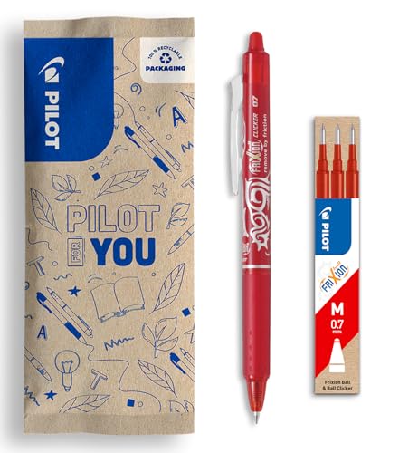 PILOT - FriXion Clicker 0.7 Set - 1 Radierbarer Tintenroller Stift mit Druckmechani + 1 Set mit 3 Minen - Nachfüllbarer Rollerball-Stift - Angenehme Schreibführung - Rot - Mittlere Spitze von PILOT