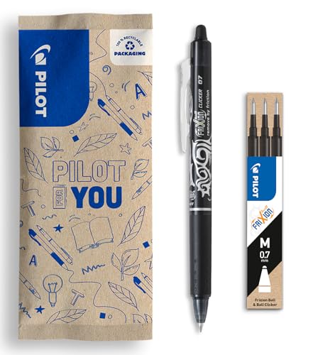 PILOT - FriXion Clicker 0.7 Set - 1 Radierbarer Tintenroller Stift mit Druckmechani + 1 Set mit 3 Minen - Nachfüllbarer Rollerball-Stift - Angenehme Schreibführung - Schwarz - Mittlere Spitze von PILOT