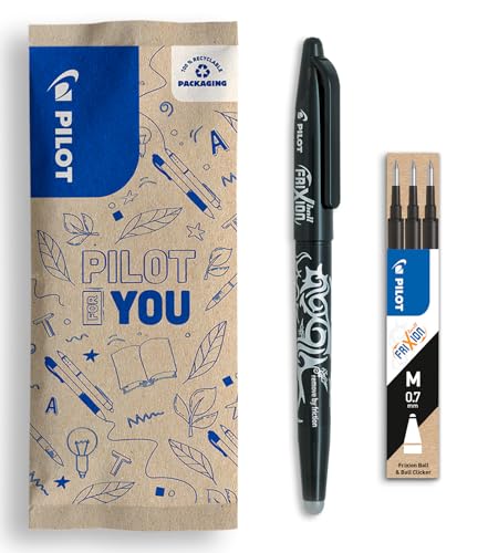 PILOT - FriXion Ball 0.7 Set - Radierbarer Tintenroller + 3er-Minen-Set - Nachfüllbarer Rollerball aus recyceltem Kunststoff - Angenehmes Schreibgefühl - Schwarz - Mittlere Spitze von PILOT